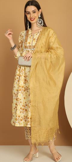 Festive, Party Wear White and Off White, Yellow color Salwar Kameez in Cotton fabric with A Line Embroidered work : 1947264