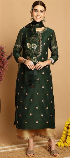 Festive, Party Wear Green color Salwar Kameez in Chanderi Silk fabric with Palazzo, Straight Embroidered, Zari work : 1947277