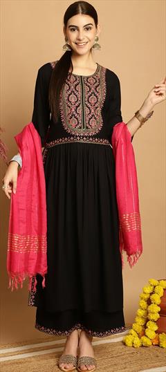 Festive, Party Wear Black and Grey color Salwar Kameez in Rayon fabric with A Line Embroidered, Zari work : 1947279