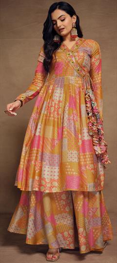 Designer, Festive, Reception Yellow color Salwar Kameez in Muslin fabric with Embroidered, Printed work : 1947309