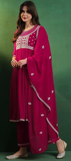 Festive, Reception Pink and Majenta color Salwar Kameez in Georgette fabric with A Line Embroidered, Thread work : 1947333