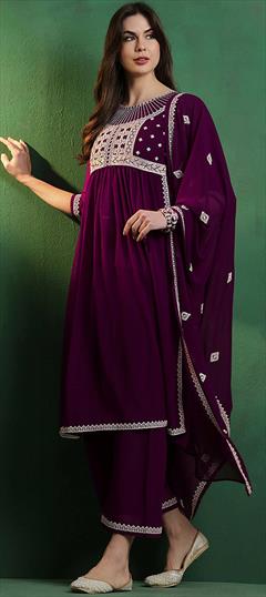 Festive, Reception Purple and Violet color Salwar Kameez in Georgette fabric with A Line Embroidered, Thread work : 1947334