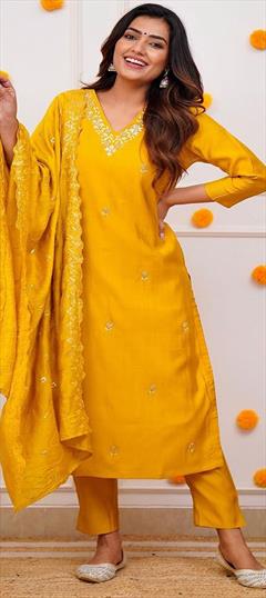 Festive, Reception Yellow color Salwar Kameez in Viscose fabric with Straight Embroidered, Thread work : 1947335