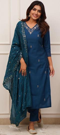Festive, Reception Blue color Salwar Kameez in Viscose fabric with Straight Embroidered, Thread work : 1947337