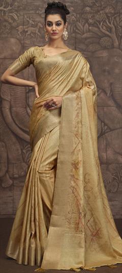 Festive, Reception, Traditional Gold color Saree in Silk fabric with South Floral, Printed, Weaving work : 1947339