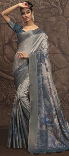 Festive, Reception, Traditional Black and Grey color Saree in Silk fabric with South Floral, Printed, Weaving work : 1947340