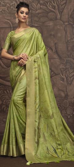 Festive, Reception, Traditional Green color Saree in Silk fabric with South Floral, Printed, Weaving work : 1947344