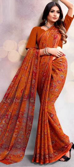 Casual Orange color Saree in Chiffon fabric with Classic Floral, Printed work : 1947347