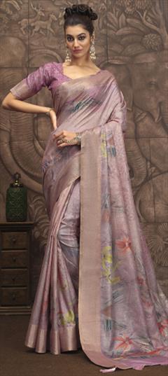 Festive, Reception, Traditional Gold color Saree in Silk fabric with South Floral, Printed, Weaving work : 1947348