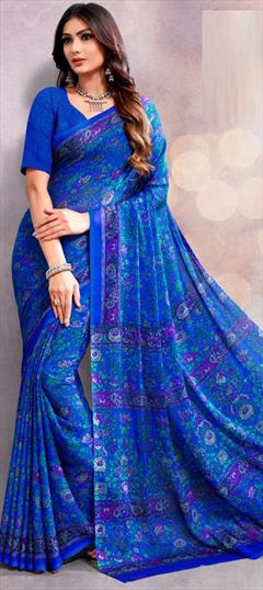 Casual Blue color Saree in Chiffon fabric with Classic Floral, Printed work : 1947354