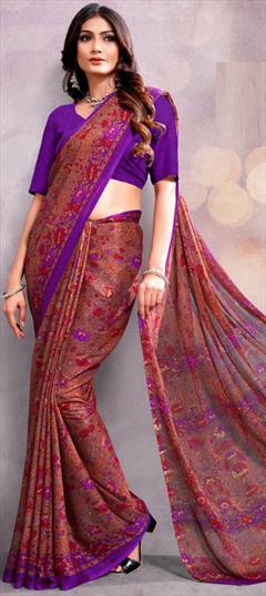 Casual Beige and Brown color Saree in Chiffon fabric with Classic Floral, Printed work : 1947356