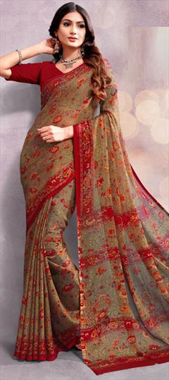 Casual Beige and Brown color Saree in Chiffon fabric with Classic Floral, Printed work : 1947357