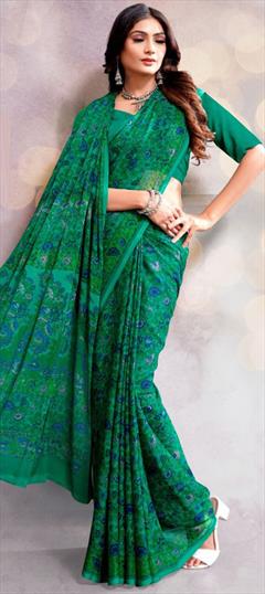 Casual Green color Saree in Chiffon fabric with Classic Floral, Printed work : 1947358