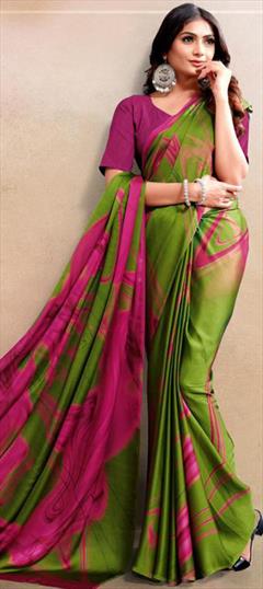 Festive, Traditional, Wedding Green, Pink and Majenta color Saree in Satin Silk fabric with South Printed work : 1947366