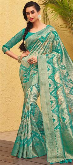 Engagement, Traditional, Wedding Beige and Brown, Green color Saree in Silk fabric with South Printed, Weaving work : 1947367