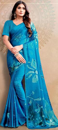 Festive, Traditional, Wedding Blue color Saree in Satin Silk fabric with South Printed work : 1947369