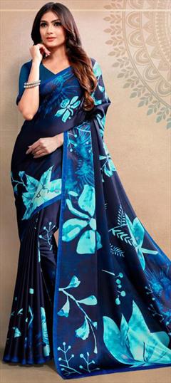 Festive, Traditional, Wedding Blue color Saree in Satin Silk fabric with South Printed work : 1947371