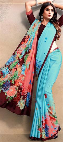 Festive, Traditional, Wedding Blue color Saree in Satin Silk fabric with South Floral, Printed work : 1947374
