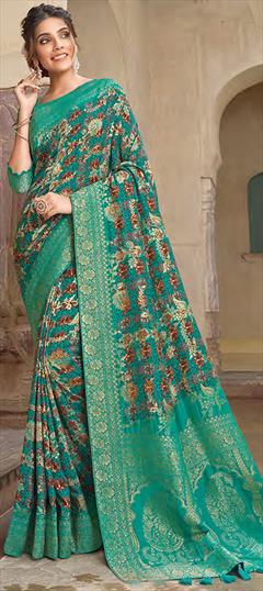 Festive, Traditional, Wedding Green color Saree in Silk fabric with South Floral, Printed, Weaving work : 1947384