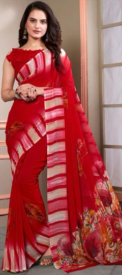 Casual Red and Maroon color Saree in Faux Georgette fabric with Classic Floral, Printed work : 1947416