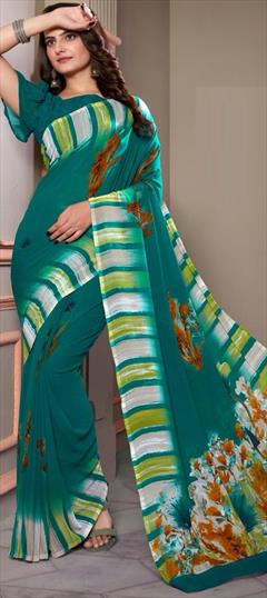 Casual Blue color Saree in Faux Georgette fabric with Classic Floral, Printed work : 1947419