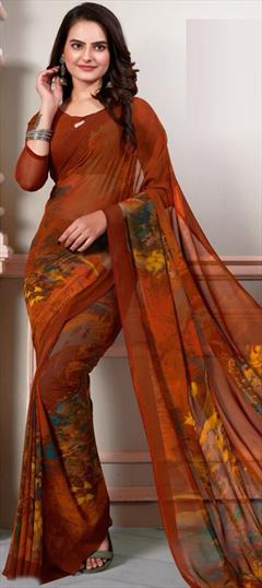 Casual Beige and Brown color Saree in Faux Georgette fabric with Classic Floral, Printed work : 1947420