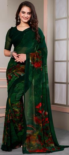 Casual Green color Saree in Faux Georgette fabric with Classic Floral, Printed work : 1947421