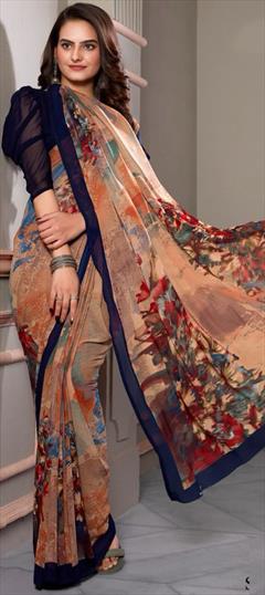 Casual Beige and Brown color Saree in Faux Georgette fabric with Classic Floral, Printed work : 1947423