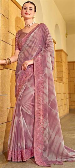 Festive, Traditional, Wedding Pink and Majenta color Saree in Silk fabric with South Embroidered, Resham, Thread work : 1947425