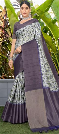Festive, Reception, Traditional White and Off White color Saree in Silk fabric with South Printed work : 1947435