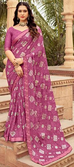 Casual Pink and Majenta color Saree in Chiffon fabric with Classic Lace, Printed work : 1947444