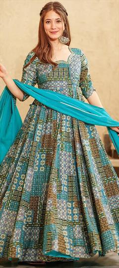 Engagement, Festive, Reception Blue color Gown in Rayon fabric with Digital Print work : 1947468