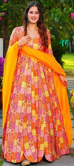 Engagement, Festive, Reception Multicolor color Gown in Rayon fabric with Digital Print work : 1947469