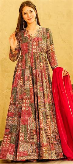 Engagement, Festive, Reception Red and Maroon color Gown in Rayon fabric with Digital Print work : 1947471