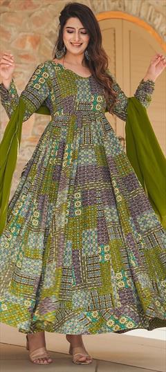 Engagement, Festive, Reception Green color Gown in Rayon fabric with Digital Print work : 1947472