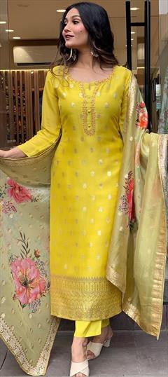 Festive, Party Wear Yellow color Salwar Kameez in Organza Silk fabric with Straight Embroidered work : 1947480
