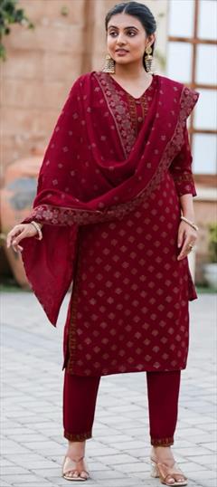 Festive, Party Wear Red and Maroon color Salwar Kameez in Rayon fabric with Straight Printed work : 1947483