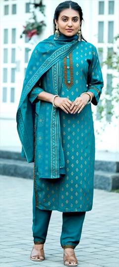 Festive, Party Wear Blue color Salwar Kameez in Rayon fabric with Straight Printed work : 1947485