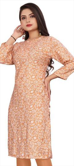 Casual Beige and Brown color Kurti in Crepe Silk fabric with Long Sleeve, Straight Floral, Printed work : 1947500