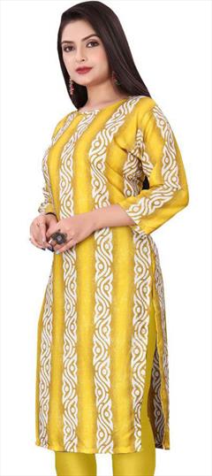 Casual Yellow color Kurti in Crepe Silk fabric with Long Sleeve, Straight Printed work : 1947501