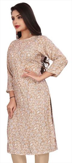 Casual Beige and Brown color Kurti in Crepe Silk fabric with Long Sleeve, Straight Floral, Printed work : 1947502