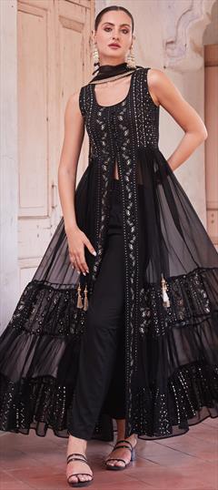 Festive, Mehendi Sangeet, Reception Black and Grey color Salwar Kameez in Georgette fabric with Slits Embroidered, Sequence, Thread, Zari work : 1947504