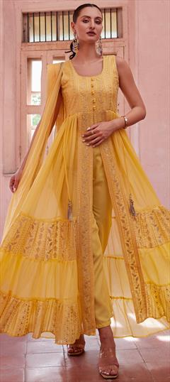 Festive, Mehendi Sangeet, Reception Yellow color Salwar Kameez in Georgette fabric with Slits Embroidered, Sequence, Thread, Zari work : 1947513