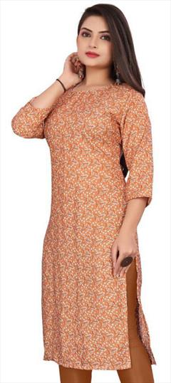 Casual Beige and Brown color Kurti in Crepe Silk fabric with Long Sleeve, Straight Printed work : 1947529