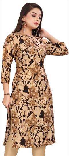 Casual Beige and Brown color Kurti in Crepe Silk fabric with Long Sleeve, Straight Printed work : 1947538