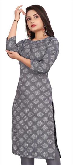 Casual Black and Grey color Kurti in Crepe Silk fabric with Long Sleeve, Straight Printed work : 1947541