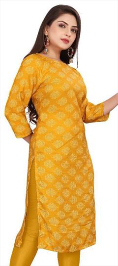 Casual Yellow color Kurti in Crepe Silk fabric with Long Sleeve, Straight Printed work : 1947543