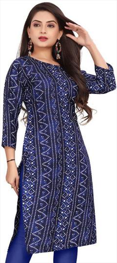 Casual Blue color Kurti in Crepe Silk fabric with Long Sleeve, Straight Bandhej, Printed work : 1947554