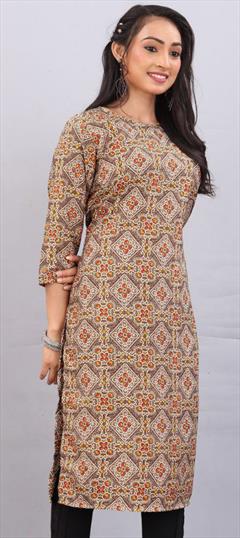 Casual Beige and Brown color Kurti in Crepe Silk fabric with Long Sleeve, Straight Printed work : 1947556
