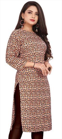 Casual Beige and Brown color Kurti in Crepe Silk fabric with Long Sleeve, Straight Printed work : 1947557